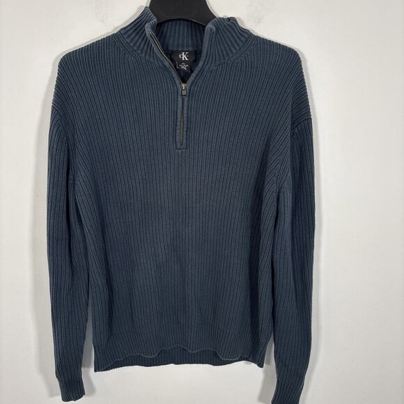 Calvin Klein Ribbed Sweater Mens XL Navy Blue 100% Cotton 1/4 Zip Mock Neck - Picture 1 of 6